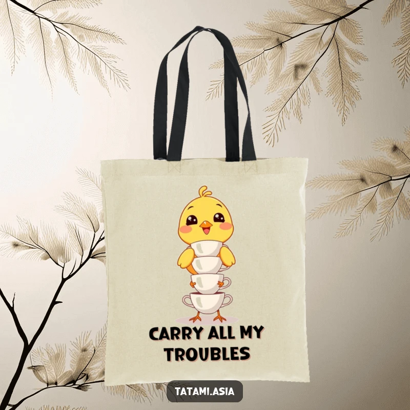 Funny yellow bird tote bag, hilariously attempting to balance many small teacups with a giant, cheerful grin.