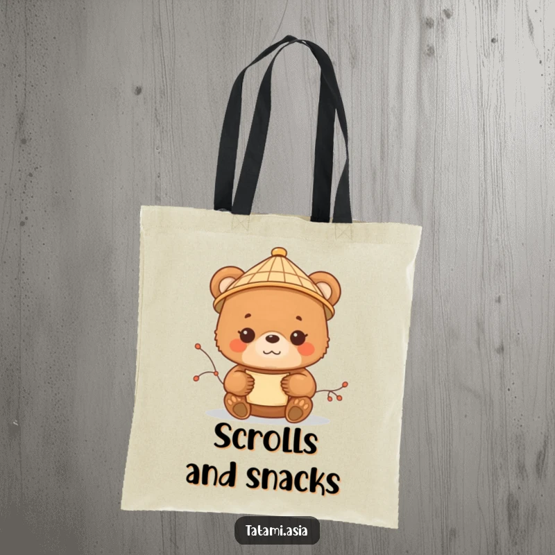 Funny brown bear cub tote bag, wearing a bamboo hat, holding a scroll, looking utterly content.
